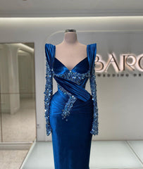 Formal Dress Royal Blue Long Sleeves Mermaid Charmeuse Beading