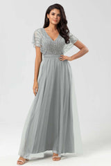 Tulle Short Sleeves V Neck A Line Long Formal Dress With Appliques
