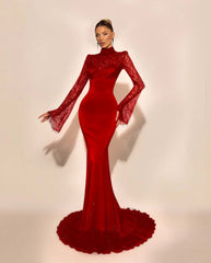 High Neck Lace Long Sleeves Long Mermaid Formal Dress With Pleated