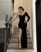 One Shoulder Long Sleeve Long Mermaid Split Formal Dress With Beading