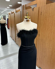 Mermaid Formal Dress Long Black Feather Sequins Sleeveless Strapless