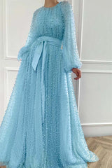 Long Sleeves Long Jewel Neck Formal Dress With Pleated Beading