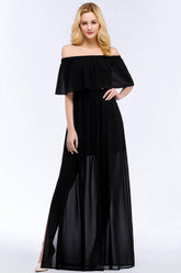 Affordable Black Off-the-shoulder Long Chiffon Bridesmaid Dresses