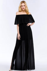 Affordable Black Off-the-shoulder Long Chiffon Bridesmaid Dresses