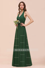 Affordable Halter Beading Ruffle Dark Green Bridesmaid Dresses With Shawl