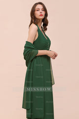 Affordable Halter Beading Ruffle Dark Green Bridesmaid Dresses With Shawl