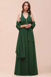 Affordable Halter Beading Ruffle Dark Green Bridesmaid Dresses With Shawl