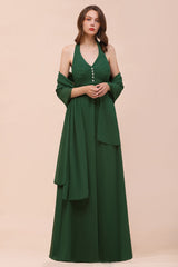 Affordable Halter Beading Ruffle Dark Green Bridesmaid Dresses With Shawl