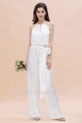 Affordable Halter Sleeveless Ivory Charmeuse Bridesmaid Jumpsuit