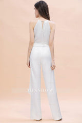 Affordable Halter Sleeveless Ivory Charmeuse Bridesmaid Jumpsuit