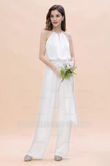 Affordable Halter Sleeveless Ivory Charmeuse Bridesmaid Jumpsuit