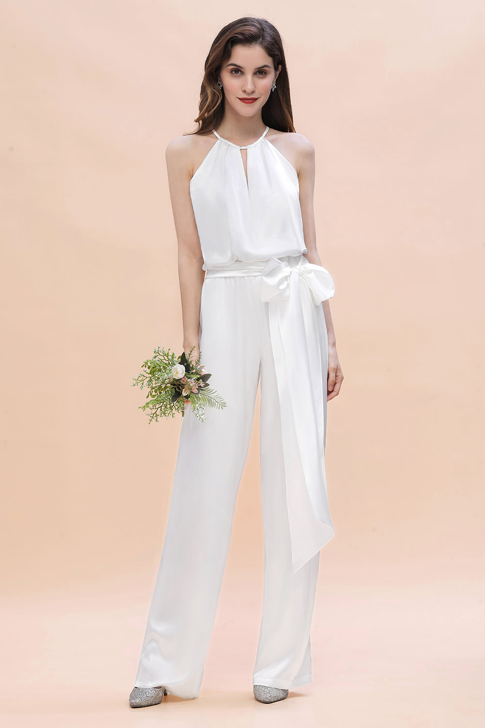 Affordable Halter Sleeveless Ivory Charmeuse Bridesmaid Jumpsuit