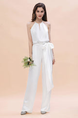 Affordable Halter Sleeveless Ivory Charmeuse Bridesmaid Jumpsuit