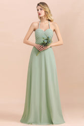 Affordable Halter Sweetheart Chiffon Dusty Sage Bridesmaid dresses