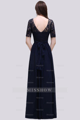 Affordable Lace Scoop Dark Navy Bridesmaid dresses with Half-Sleeves