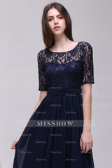 Affordable Lace Scoop Dark Navy Bridesmaid dresses with Half-Sleeves