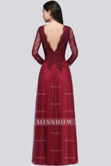 Affordable Long Sleeves V-Neck Lace Burgundy Bridesmaid dresses with Appliques
