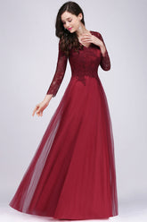 Affordable Long Sleeves V-Neck Lace Burgundy Bridesmaid dresses with Appliques