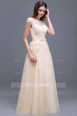 Affordable Off-the-Shoulder Champagne Bridesmaid dresses with Appliques