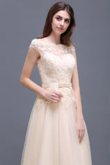 Affordable Off-the-Shoulder Champagne Bridesmaid dresses with Appliques