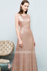 Affordable Pink Sequined Long Bridesmaid Dresses With Scoop