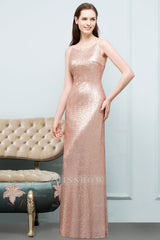 Affordable Pink Sequined Long Bridesmaid Dresses With Scoop