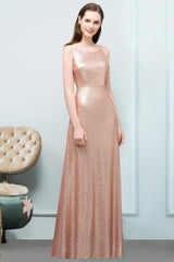 Affordable Pink Sequined Long Bridesmaid Dresses With Scoop