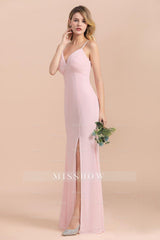 Affordable Sheath V-Neck Blushing Pink Chiffon Bridesmaid Dresses with Spaghetii Straps