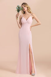 Affordable Sheath V-Neck Blushing Pink Chiffon Bridesmaid Dresses with Spaghetii Straps