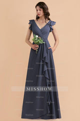 Affordable V-Neck Chiffon Ruffles Bridesmaid Dresses with Pockets On Sale