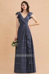 Affordable V-Neck Chiffon Ruffles Bridesmaid Dresses with Pockets On Sale