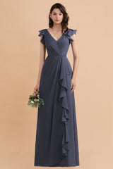 Affordable V-Neck Chiffon Ruffles Bridesmaid Dresses with Pockets On Sale