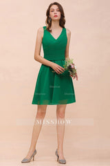 Affordable V-Neck Sleeveless Ruffle Short Bridesmaid Dresses