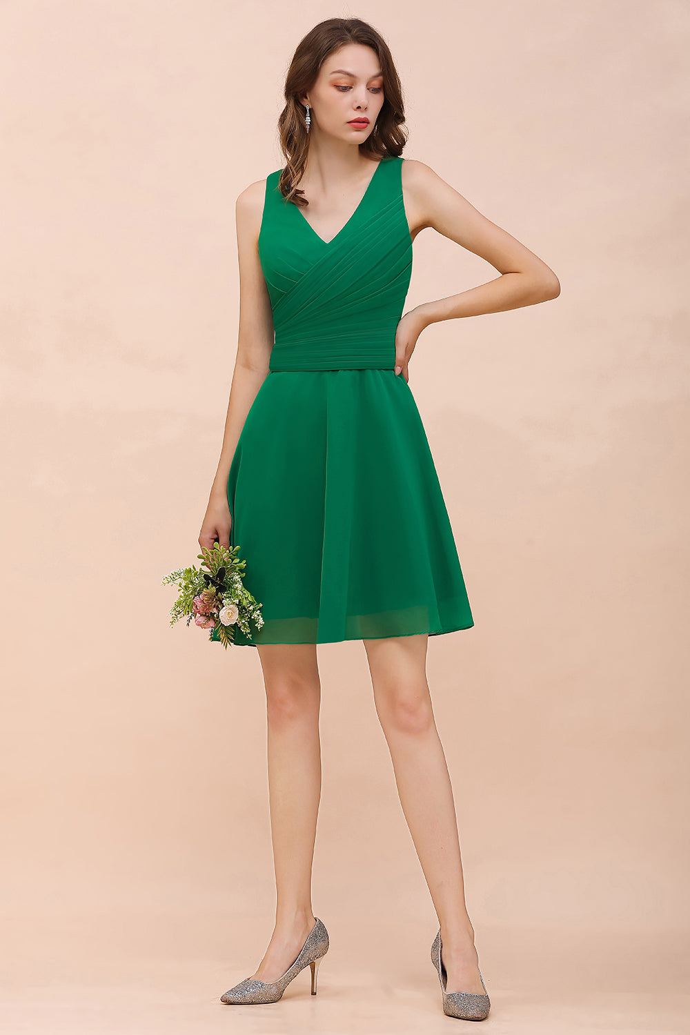 Affordable V-Neck Sleeveless Ruffle Short Bridesmaid Dresses