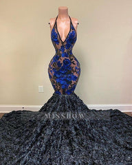 Amazing Black Appliques V-neck Halter Sleeveless Floor-length Mermaid Prom Dresses