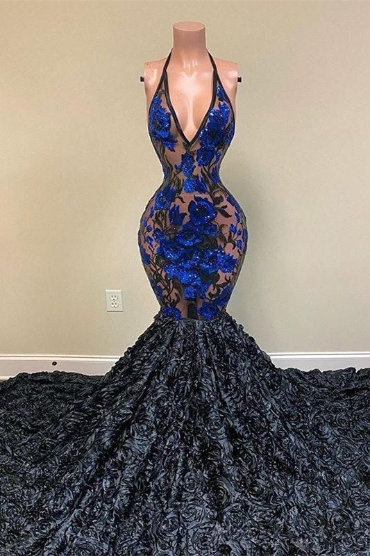 Amazing Black Appliques V-neck Halter Sleeveless Floor-length Mermaid Prom Dresses