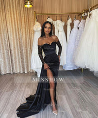 Amazing Long Black Mermaid Split Front Sequined Prom Dress