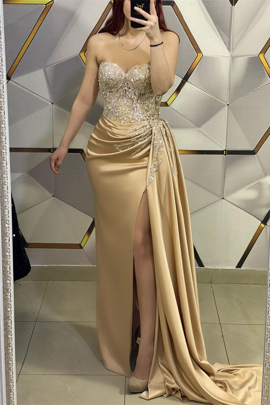 Amazing Long Champagne Sleeveless Beading Lace Prom Dress With Slit Amazing Long Champagne Sleeveless Beading Lace Prom Dress With Slit