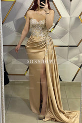 Amazing Long Champagne Sleeveless Beading Lace Prom Dress With Slit