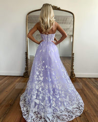 Amazing Long Lilac A-line Sweetheart Strapless Prom Dress With Lace
