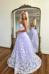 Amazing Long Lilac A-line Sweetheart Strapless Prom Dress With Lace