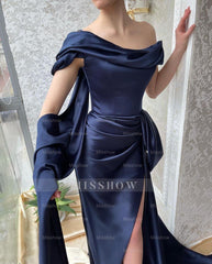 Amazing Long Navy Off-the-shoulder Mermaid Prom Dress With Slit