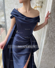 Amazing Long Navy Off-the-shoulder Mermaid Prom Dress With Slit