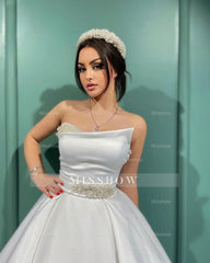 Amazing Long White A-line Strapless Wedding Dress With Pearls
