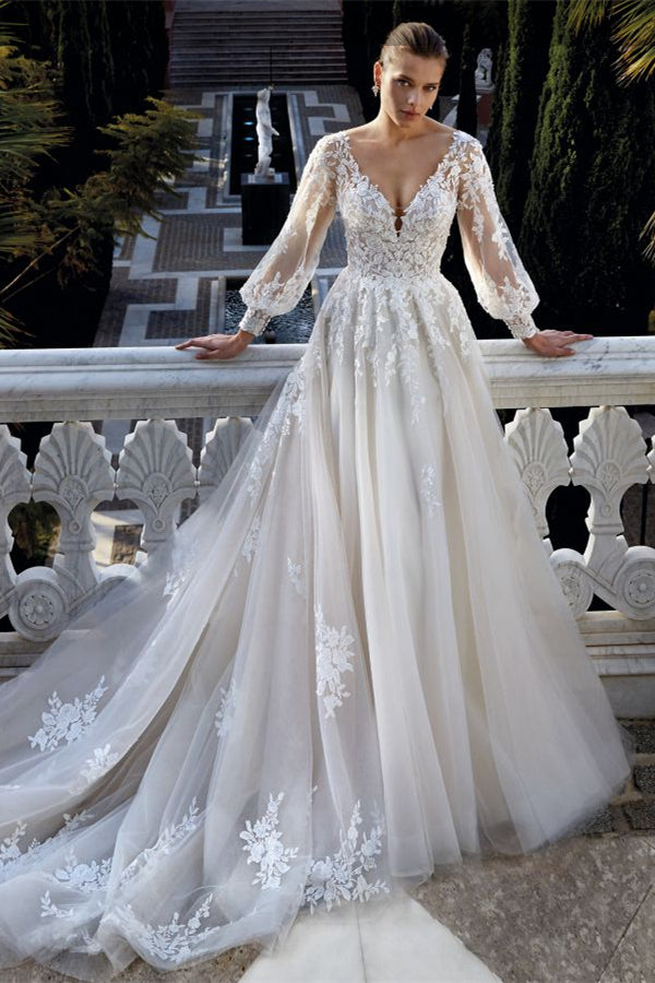Amazing V-Neck Backless Long Sleeves A-Line Appliques Wedding Dress Amazing V-Neck Backless Long Sleeves A-Line Appliques Wedding Dress