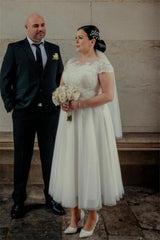 Ankle Length White Tulle Wedding Dress with Cap Sleeves