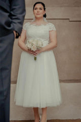 Ankle Length White Tulle Wedding Dress with Cap Sleeves