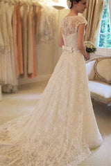 Applique Short Sleeves Square Lace Ribbon Wedding Dress