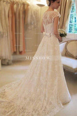 Applique Short Sleeves Square Lace Ribbon Wedding Dress