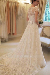 Applique Short Sleeves Square Lace Ribbon Wedding Dress